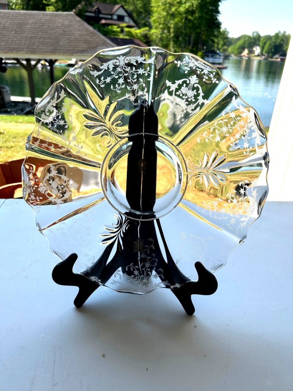 Vintage Fostoria Fleur de Lis Etched Elegant Glass Scalloped Floral 14” Platter